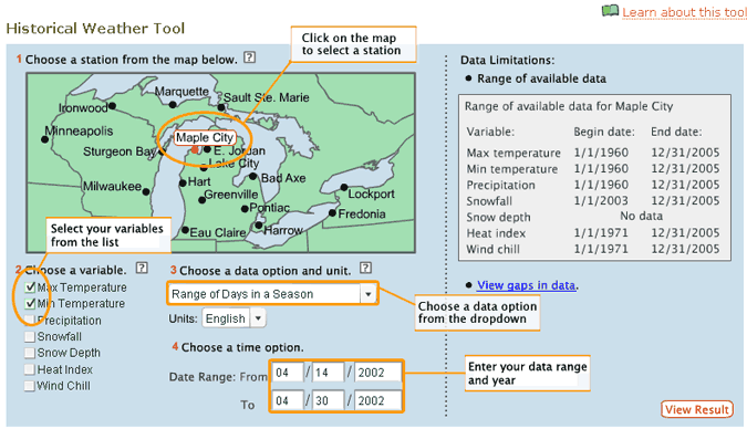 Screenshot of the Historical Weather Tool's input page