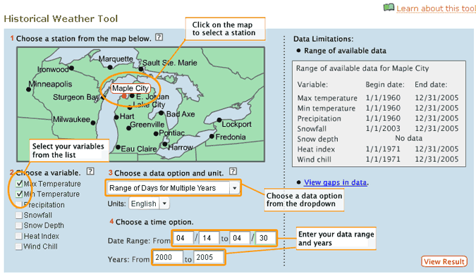 Screenshot of the Historical Weather Tool's input page