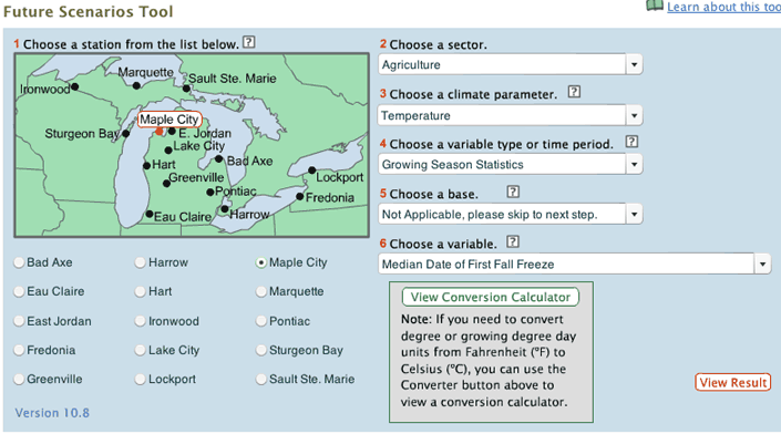 screenshot of the Future Scenarios Tool's input page