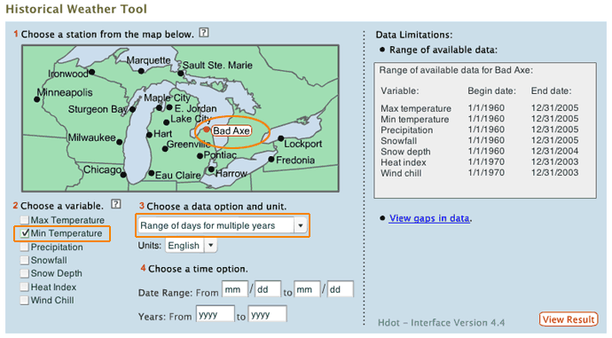 screenshot of the Historical Weather Tool's input page
