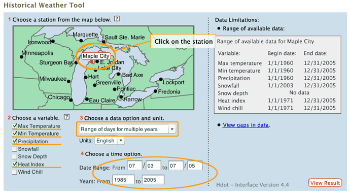 screenshot of the Historical Weather Tool's input page