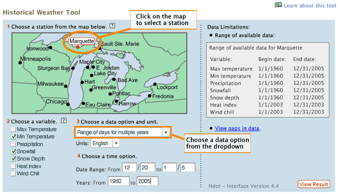 screenshot of the Historical Weather Tool's input page