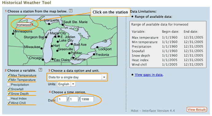 screenshot of the Historical Weather Tool's input page